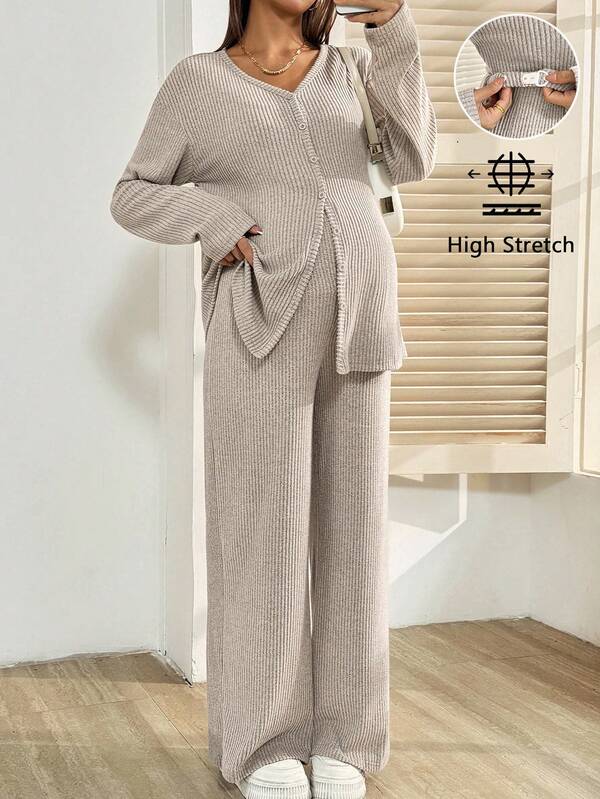 SHEIN 2pcs Maternity Casual Solid Color Button Front Top And Pants Set, Autumn Knit Two Piece Set Two Piece Set Women Comfy Modest Two Piece Set Maternity Clothes Two Piece Suits Comfortable Two Piece Set