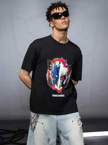 Transformers X SHEIN 男士休闲卡通图案圆领短袖T恤，夏季 - 黑色 - 查看 3