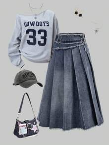 Girlism 少女时尚休闲 Y2K 复古酷炫街头风回归校园学院怀旧复古水洗流苏蓝色牛仔百褶中长裙柔软日常穿着秋冬秋季锐舞节和街头服饰 - 藍色 - 查看 2