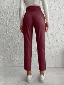 High Waist Belted Suit Pants With Slanted Pockets - Burgundy - View 2
