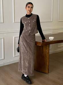 DAZY Ensemble 2 pièces femme vintage en velours côtelé, couleur unie, composé d'un gilet ajusté sans manches et d'une jupe droite. Tenue décontractée et élégante pour l'automne/hiver