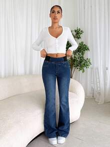 SHEIN Tall 女士休闲修身弹力喇叭裤 蓝色修身牛仔裤 高腰喇叭裤 高个女式牛仔裤，秋冬季保暖内衬牛仔裤