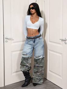 SHEIN Tall Casual Versatile Patchwork Camouflage Straight Leg Jeans - Multicolor - View 5