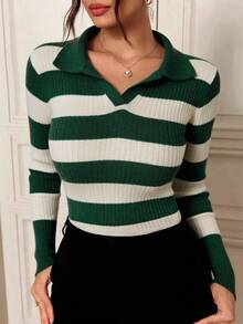 Modelyn Women's Striped Turtleneck Long Sleeve Fitted Sweater, Autumn/Winter - Green - View 5