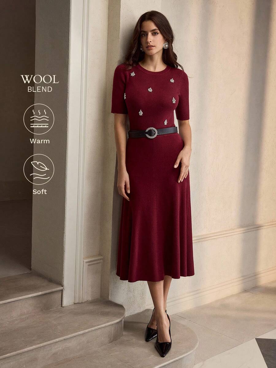 ZEYLAH 2pcs Set: Rhinestone Embellished Crew Neck Top & Skirt, Elegant Autumn/Winter - Burgundy - View 1
