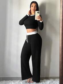 SHEIN PETITE CURVE 2件套加大码女式撞色修身长袖上衣和裤子套装 - 黑色 - 查看 4