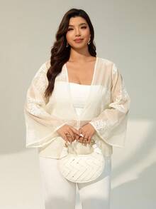 Auralis Plus Size Women Elegant Commuter Floral Embroidery Bell Sleeve Top