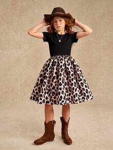 SHEIN Tween Girls' Black Knit Leopard Print Patchwork Short Sleeve Casual Dress, Comfortable And Fashionable For Everyday Wear - Black - View 1