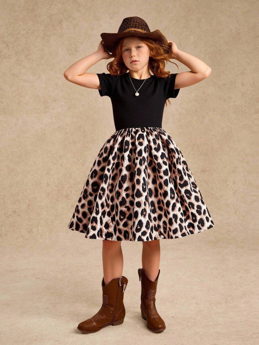 SHEIN Tween Girls' Black Knit Leopard Print Patchwork Short Sleeve Casual Dress, Comfortable And Fashionable For Everyday Wear - Black - View 1