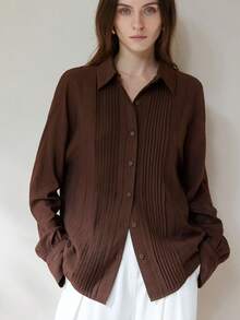 Aveloria Modichic 休闲宽松纹理褶皱法式长袖衬衫 - 棕色 - 查看 7