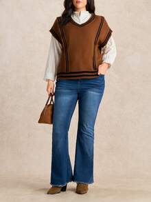 EMERY ROSE Women's Casual Loose Fit Plus Size Knit Sweater Vest, Suitable For Autumn/Winter Outerwear And Back To School - Brown - View 3
