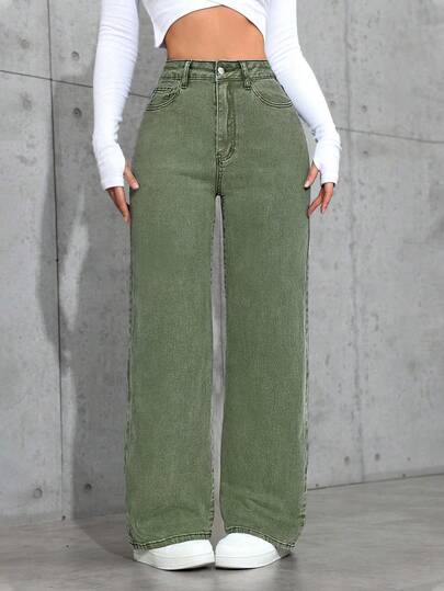 Jeanoix 休闲水洗高腰直筒牛仔裤