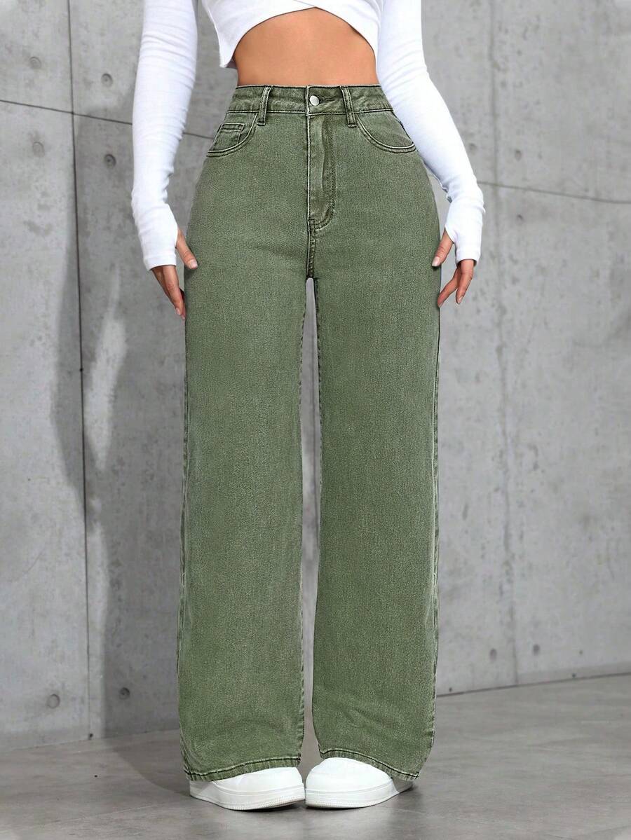 Jeanoix 休闲水洗高腰直筒牛仔裤