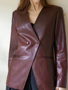 Aveloria Modichic Jaket Blazer Double-Breasted Longgar dari Kulit PU yang Elegan, Melangsingkan dan Bergaya - Burgundy - View 5