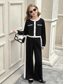 SHEIN 青少年女孩优雅的黑白对比装，适合儿童休闲装、返校装、典礼装、日常装、学校装、旅行装、秋冬装、派对装、婚礼装、圣诞节装、万圣节装、正式活动装、音乐会装