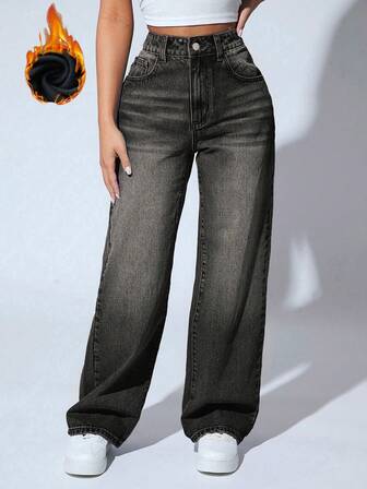 SHEIN PETITE 休闲水洗高腰直筒牛仔裤