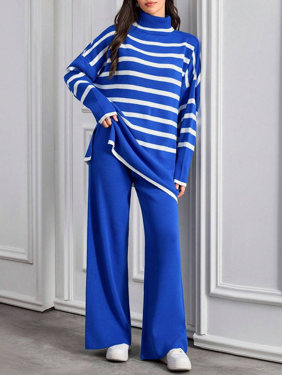 SHEIN Tall 女款條紋高領蝙蝠袖毛衣與純色長褲兩件套,適合高個女性 - 彩色 - 查看 1