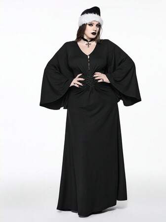 Christmas Gothic Punk Deep V-Neck Buttoned Waist Ruched Design High Waist Plus Size Women Stretchy Flare Sleeve Dress