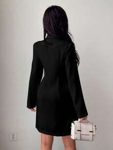 EMERY ROSE Quần áo váy dài tay cổ chữ V màu trắng thanh lịch, hai hàng khuy cho trường đại học, vải mùa thu dành cho nữ - màu đen - Xem 2