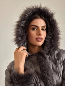CLARA VERO Women's Padded Coat With Faux Fur Hood – Warm Winter Quilted Jacket - Dark Grey - View 7