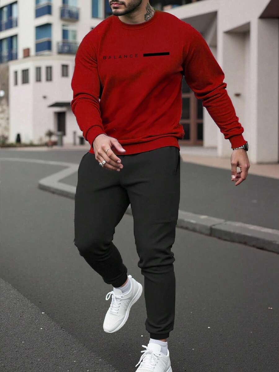 Manfinity Homme 男士休闲字母印花卫衣和运动裤两件套，秋季男士慢跑服，红色长袖卫衣，修身弹力裤，黑色和红色休闲套装 - 彩色 - 查看 1