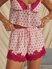Aralina 女士睡衣家居服两件套，波点印花蕾丝边吊带背心和短裤套装，可爱圣诞睡衣，红色上衣，情人节 - 彩色 - 查看 7