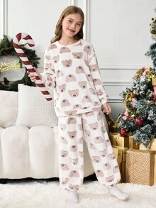 SHEIN 2 件套 Tween Girls 可爱熊图案柔软舒适羊毛圆领长袖上衣和裤子睡衣套装，秋冬 - 杏色 - 查看 6