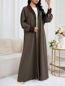 Al Najma 休闲优雅中东女式阿拉伯长袖阿巴亚开衫，秋冬 - 卡其色 - 查看 4