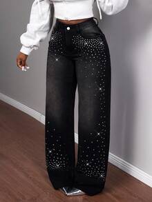 Slaydiva Women's Rhinestone Pocket Wide Leg Loose Casual Jeans