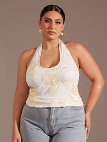 SHEIN BAE 大码女士夏季露背碎花上衣/夏季上衣/音乐节/海滩度假上衣、黑色上衣、美国独立日服装、美国独立日服装、女士夏季服装、女士毕业典礼、大码女装、女士度假服装、女士海滩服装、女士图案T恤、Y2k、露肩上衣、女士西部服饰、女士性感夜店服装、女士办公室服装 - 黃色 - 查看 3