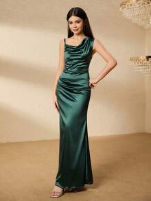 Teenage Black & Green Swing Neck Fitted Dress, Satin Fabric Party Dress - Green - View 6