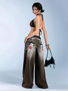 Betty Boop | ROMWE Quần jean ống rộng siêu dài thêu chữ thập Gothic kiểu Y2K - màu nâu - Xem 7