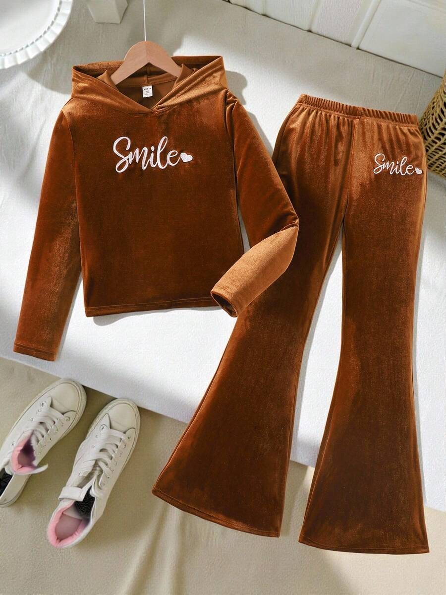 2pcs Tween Girls Casual Loose Comfortable Soft Letter Embroidered Hoodie Top And Flare Pants Set - Rust Brown - View 1