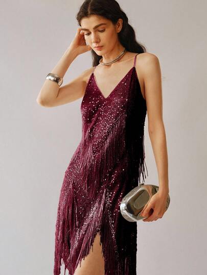 Uhlyne Vestido de mujer con tirantes finos, cuello en V con lentejuelas, flecos y bajo asimétrico