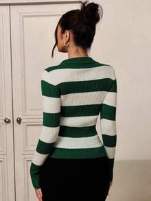 Modelyn Women's Striped Turtleneck Long Sleeve Fitted Sweater, Autumn/Winter - Green - View 2