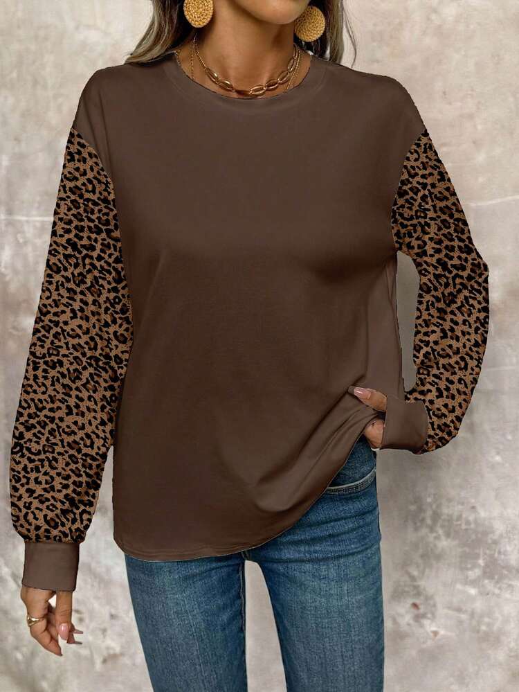 EMERY ROSE 女式休闲豹纹拼布T恤，秋季 - 白色 - 查看 3