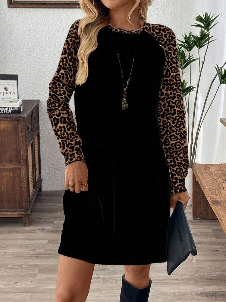 Women's Leopard Print Patchwork Round Neck Loose Straight Mini Dress Leopard Print Dress