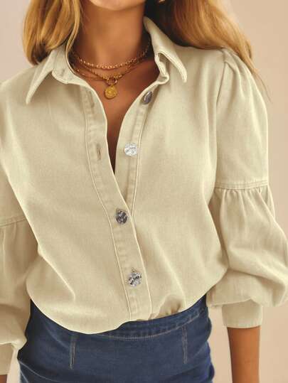 Aralina Indigofärgad denimblus med puffärm och knappar