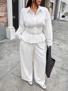 SHEIN EZwear Plus Size Casual Solid Color Cinched Waist Shirt And Pants 2 Pieces Set, Autumn - White - View 4