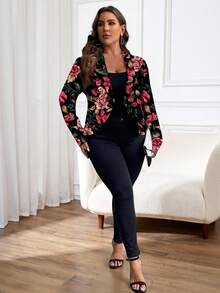 Reflora Plus Size Women's Floral Print Long Sleeve Open Front Elegant Short Jacket, Fall Women Clothes - Black - View 4