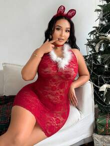 Fantasy Costume Set da 3 pezzi Costume natalizio sexy con vestito in pizzo e pelliccia a tema gatto, lingerie taglie forti