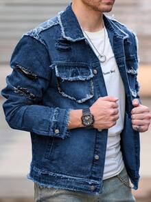 Manfinity Roughcore Men's Autumn Long Sleeve Distressed Frayed Single-Breasted Casual Denim Jacket Distressed Shirt Men - Dark Wash - View 7