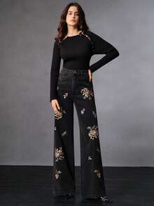 Anewsta Heavy Embroidery Denim Black Straight Leg Jeans - Black - View 6