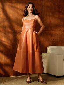 Anewsta 可调节罩杯 V 领细肩带拼接时尚优雅百搭女式长裙 - 橘色 - 查看 3