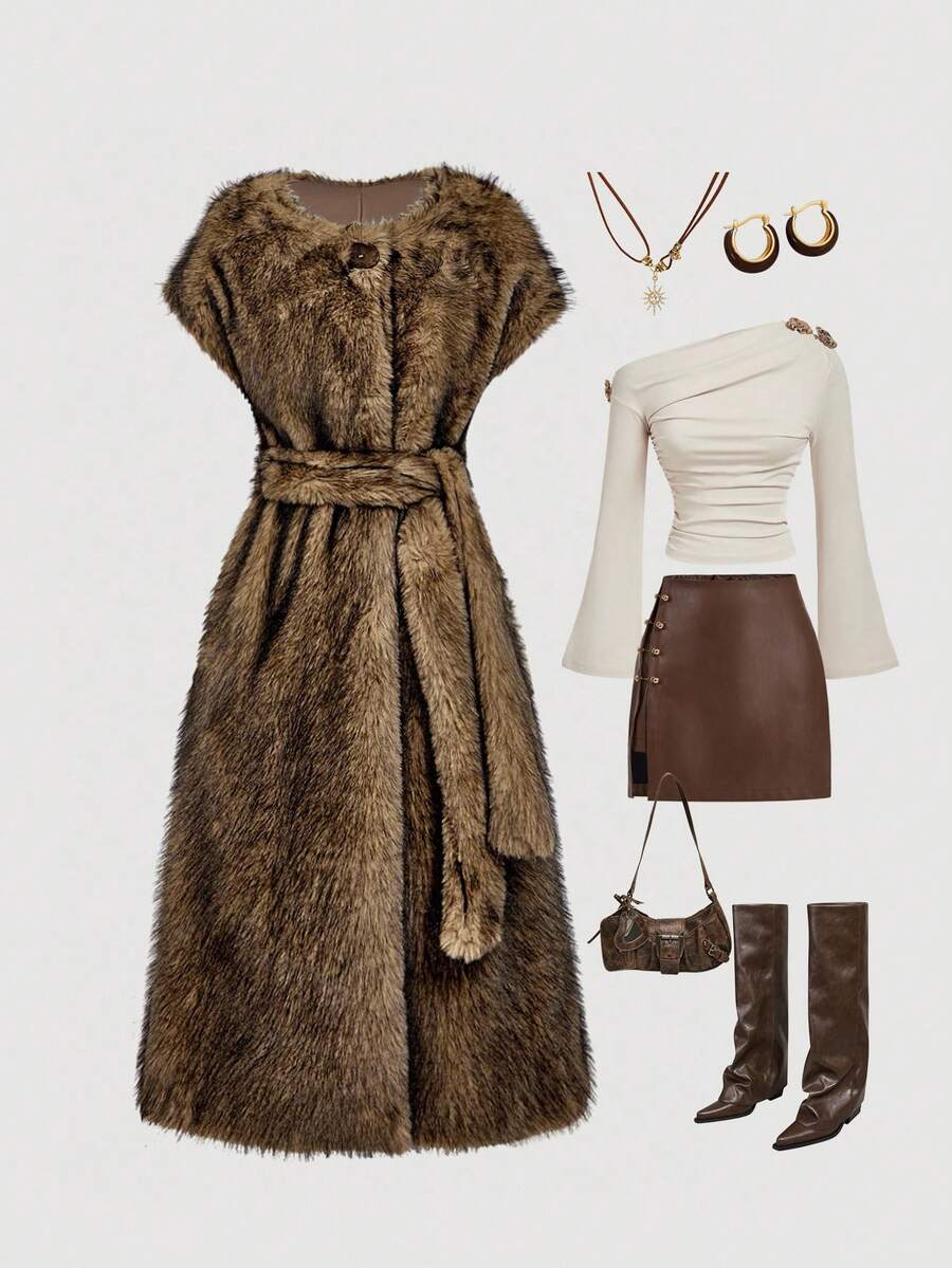 SHEIN MOD Brown Faux Fur Belted Long Jacket In Fall/Winter - Multicolor - View 1
