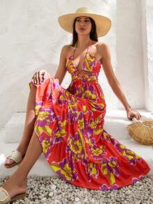 RueChic Maxi Dress-Orange Floral-Halter Neck Dress With Ruffles - Multicolor - View 1