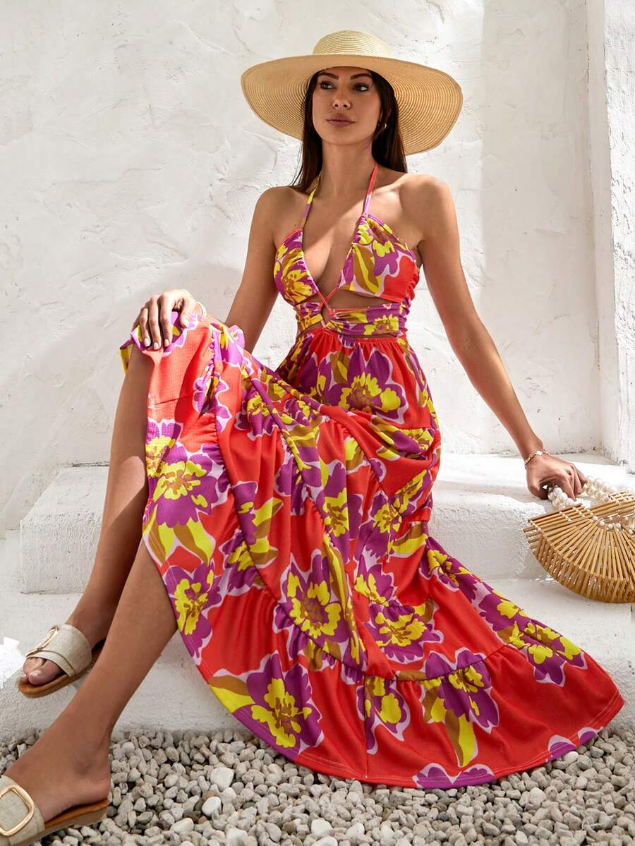 RueChic Maxi Dress-Orange Floral-Halter Neck Dress With Ruffles - Multicolor - View 1