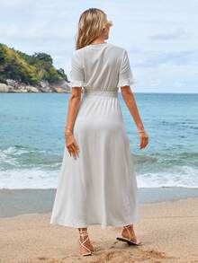 Solid Color Ruffle Trim Dress For Women, Button Front