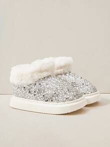 Cuccoo Women's Thick Sole Flat Shoes, Fashion Glitter Lining Warm Snow Boots, Plus Size, Autumn/Winter