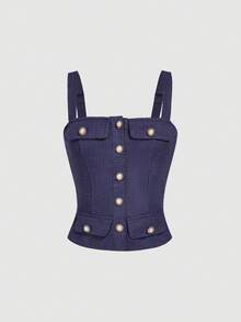 SHEIN MOD 仿珍珠纽扣装饰背心，直筒裤，贵族风格套装，女士两件套，女士两件套，粗花呢两件套，海军蓝两件套，秋冬节日两件套 - 藏蓝色 - 查看 8